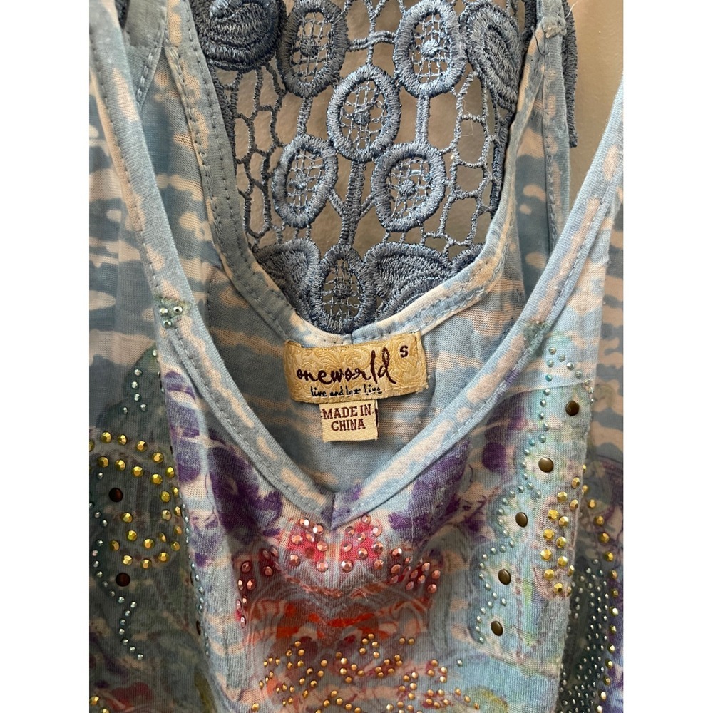 One World Tank Top Womens Small Blue  Lace Racerback Embellished Boho - Picture 2 of 6